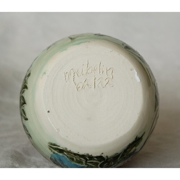 Art Studio Ceramic Pottery Birds & flowers print Bottle Decorative Vase handmade - Picture 4 of 10